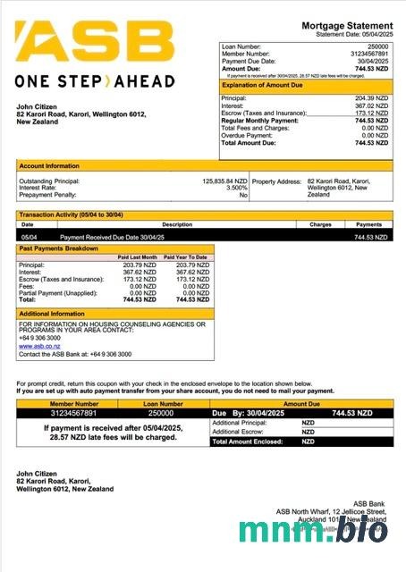 Nowa Zelandia ASB Bank wyciąg z kredytu hipotecznego szablon Word i PDF